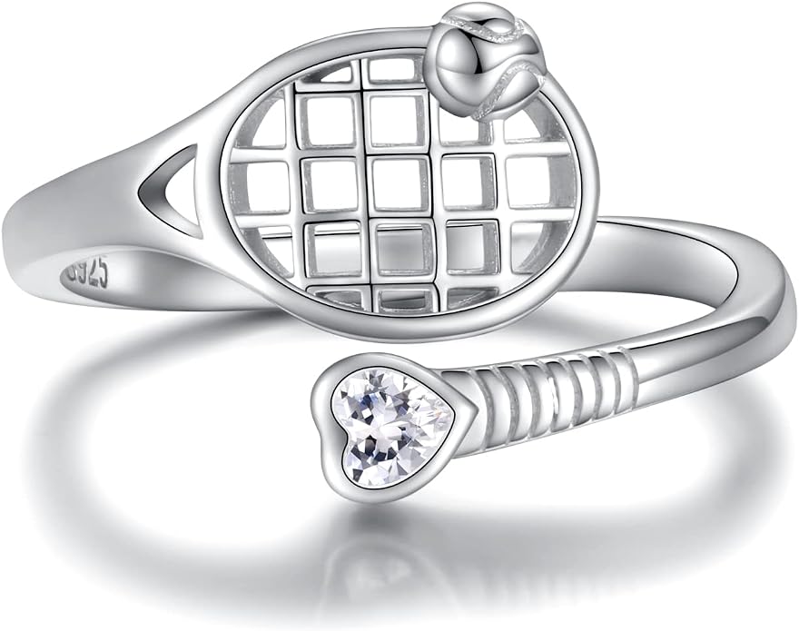 925 Sterling Silver Basketball Softball Baseball Football Tennis Racket Ring Adjustable Sports Jewelry Gifts for Women Player Mom