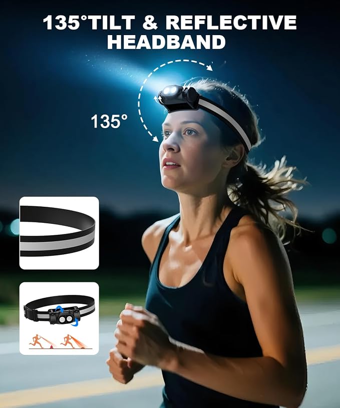 Y008 230° Broadbeam Rechargeable Headlamp with Red Taillight & Motion Sensor Detachable Head lamp with Magnet