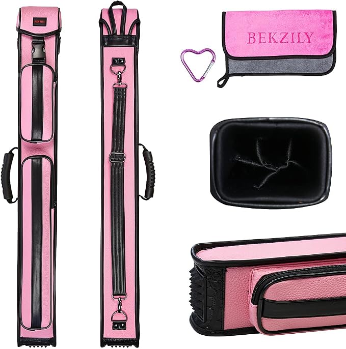 2x3 Billiard Cue Case – Holds 2 Butts & 3 Shafts, PU Leather Exterior, Plastic Buckle Closure, External Accessory Pocket & Towel Hook, Black/Blue/Pink