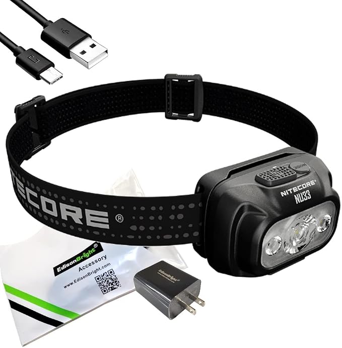 EdisonBright Nitecore NU33 700 Lumen LED Rechargeable White and red Beams headlamp Charging Adapter Bundle