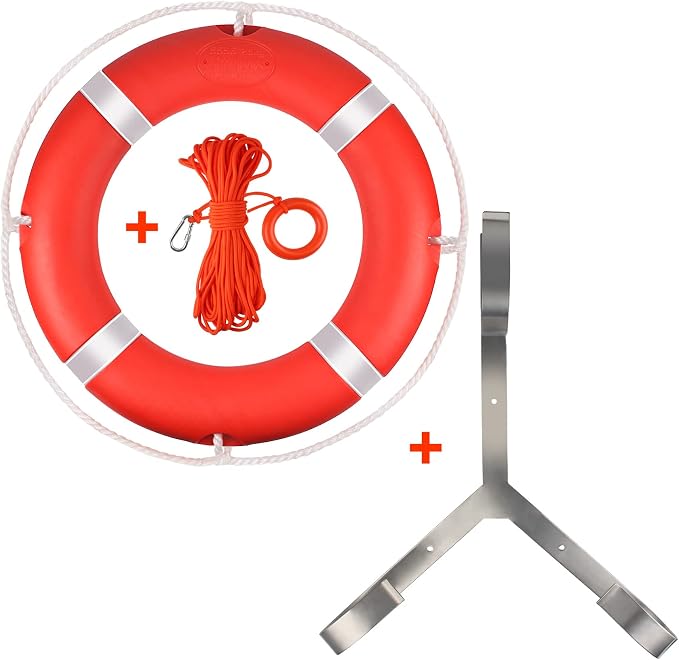 Life Ring, 23"/28" Boat Safety Throw Rings, Life Preserver Ring with Bracket and 98.5 FT Floating Rescue Rope, Outdoor Professional Throwable Flotation Device