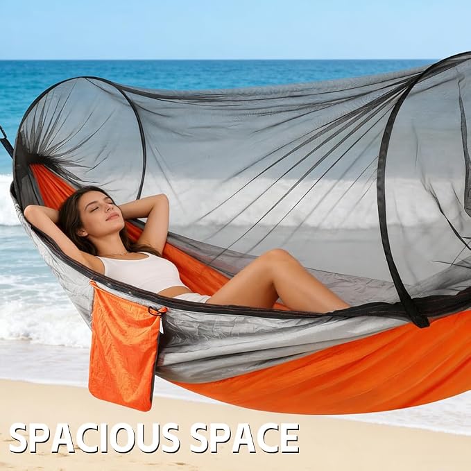 Camping Hammock with Mosquito Net - Double & Single Portable Hammocks with 2 Tree Straps, Lightweight Hammock Tent for Outdoor Camping, Hiking, Backpacking, Beach & Backyard (Orange)