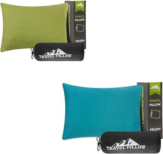 Travel Pillow Compressible Camping Memory Foam Pillow - Turquoise Blue M Size, Avocado Green S Size, Ideal Backpacking, Airplane and Car