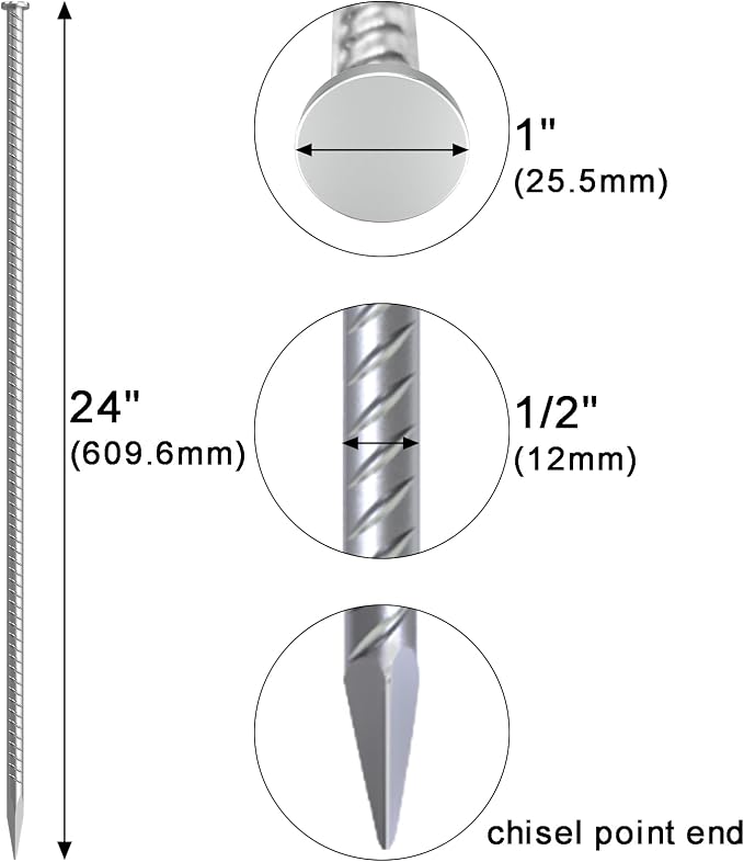 VVOKGO 24 Inch Rebar Stakes Metal Asphalt Anchoring Spikes Ground (8pcs), 1/2 Inch Diameter Galvanized Landscape Anchors Heavy Duty for Speed Bump, Handicap Threshold Ramps, Parking Limits Curb, Tarp