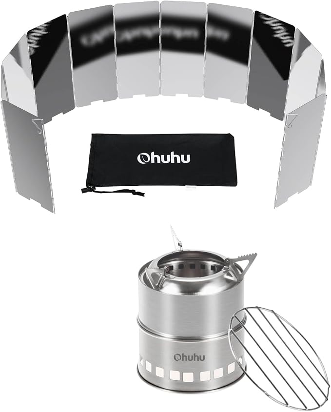 Ohuhu Wood Burning Camp Stoves + 12 Plates Camp Stove Windscreen for Camping Picnic, Backpacking, Cooking