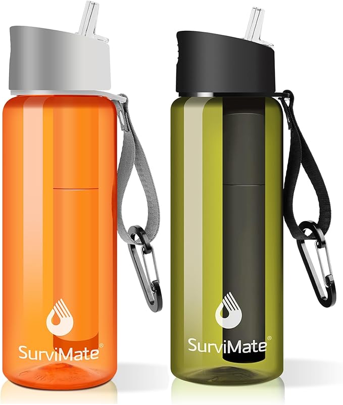 SurviMate Purified Water Bottle for Camping, Hiking, Backpacking and Travel, BPA Free with 5-Stage Intergrated Filter Straw