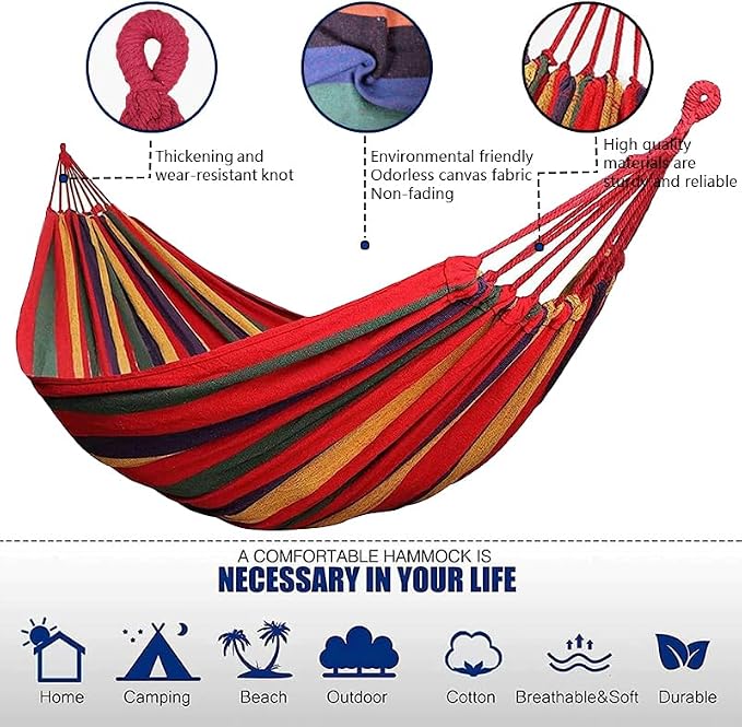 Cotton Canvas Hammock, Comfortable Fabric Camping Hammock with Tree Straps, Up to 440lbs with Travel Bag for Camping Outdoor/Indoor Patio Backyard(Red, Without bar)
