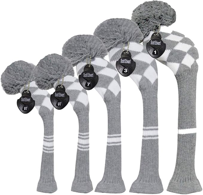 Scott Edward Knit Golf Club Cover with a Pom Set of 5 Head Covers Protect Driver Wood(460cc) 1 Fairway Wood2 and Hybrid/UT2 with Rotating Club Number Tags