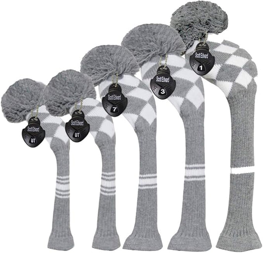 Scott Edward Knit Golf Club Cover with a Pom Set of 5 Head Covers Protect Driver Wood(460cc) 1 Fairway Wood2 and Hybrid/UT2 with Rotating Club Number Tags