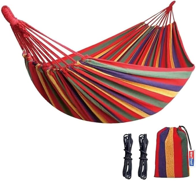 Cotton Canvas Hammock, Comfortable Fabric Camping Hammock with Tree Straps, Up to 440lbs with Travel Bag for Camping Outdoor/Indoor Patio Backyard(Red, Without bar)