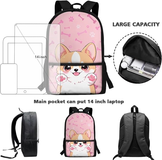 Kids School Bag Cute Corgi Dog Backpack for Girls Bookbag with Lunch Bag Pencil Case Water Bottle Holder 4PCS School Supplies Back to School Accessories