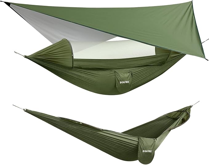 G4Free Large Camping Hammock with Mosquito Net and Rain Fly- 2 Person Portable Hammock with Bug Net and Tent Tarp for Outdoor Hiking Camping Backpacking Travel(Army Green with Rain Fly)