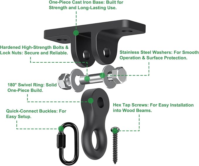 SELEWARE Heavy Duty Black Swing Hangers, 2400LB Capacity One-Piece Cast Iron Porch Swing Hangers Kit with Screws for Wooden Sets Porch Patio Playground Yoga Hammock Chair Indoor & Outdoor Use, 2 Pack