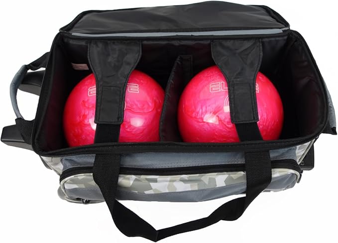 ELITE Deluxe 2 Ball Bowling Bag with 5" Smooth Wheels - Large Accessory Pocket, Shoe Compartment, 36" Extendable Handle