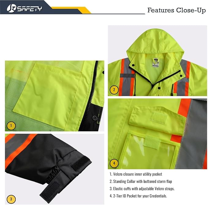 JKSafety Hi-Vis Reflective Safety Rain Jacket for Men Women Waterproof Rain Gears for Farming Fishing Work HV Rain Jacket with Inner Mesh Lining and Pockets (117A-YBlk 3XL)
