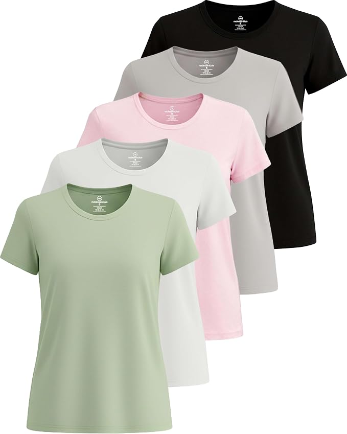 Real Essentials 5 Pack: Women's Short Sleeve T-Shirts Workout Tops Fitness Pilates Gym Activewear Athletic (Plus Available)