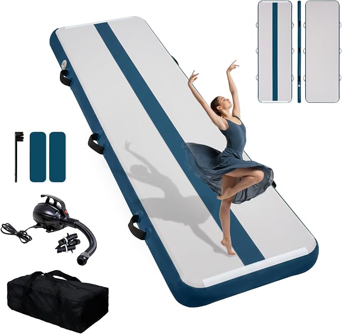 Tuxedo Sailor Inflatable Gymnastics Mat with Electric Pump, Storage Bag, Repair Kit–Air Mat for Home Training, Cheerleading, Yoga
