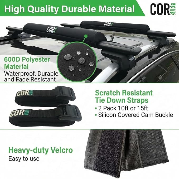 Aero Roof Rack Pads and Premium Scratch Resistant Silicone Buckle Tie Down Straps for Surf, SUP, Kayak and Canoe (28" Wide 15' Straps) by COR Surf