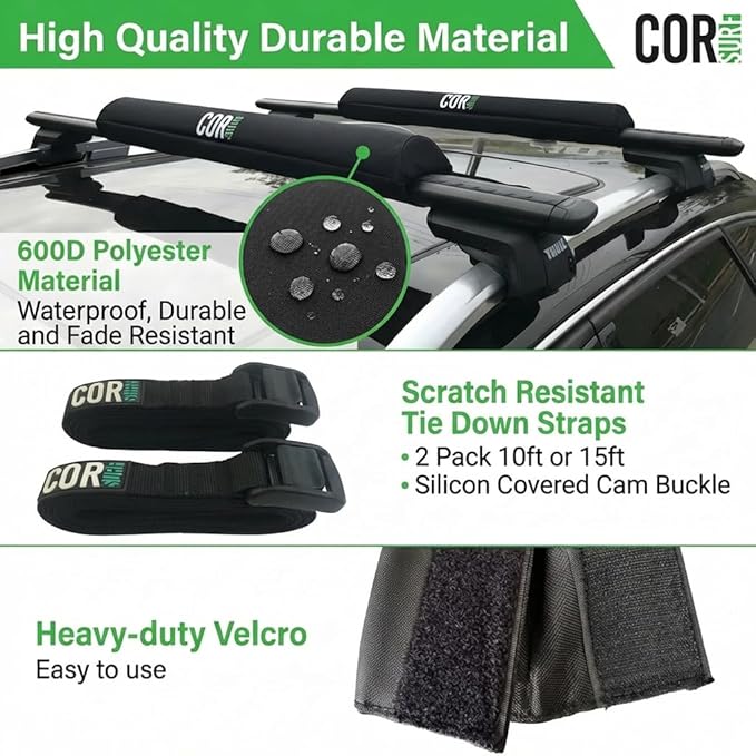 COR Surf Aero Roof Rack Pad and Premium No-Scratch Cam Buckle Tie Down Straps with Protective Silicone for Surf, SUP, Kayak and Canoe (28" Narrow Black)