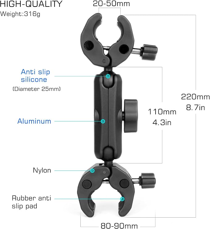 GEPULY Umbrella Clamp for Chair 5.5lb Load, 20-50mm Double Super Camera Mount, Aluminum Magic Arm Dual Ball Head Heavy Duty for Handlebar/Tripod/Stroller Wheelchair/Desk/Pole/Cross Bar/Motorcycle