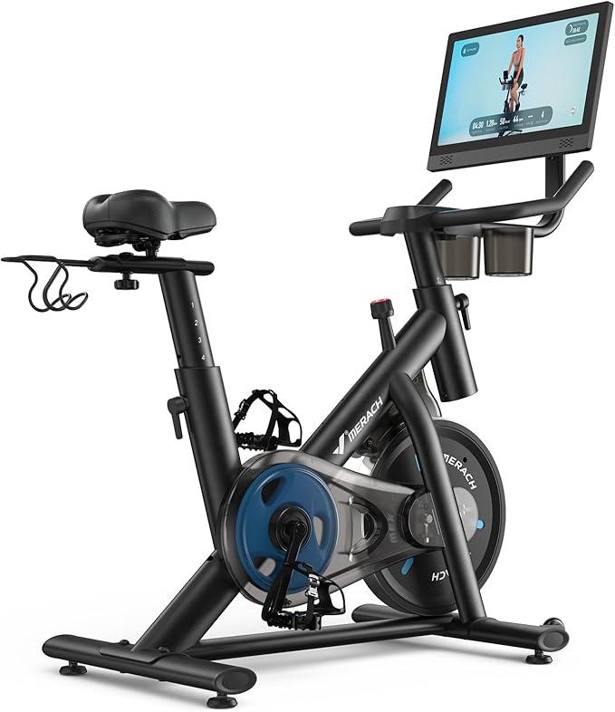 Merach Exercise Bike, Magnetic Friction Stationary Bike with Brake Pad and Exclusive App, Low Noise Indoor Cycling Bike with 300lbs Weight Capacity, Tablet Mount and Fitness Courses for Weight Loss