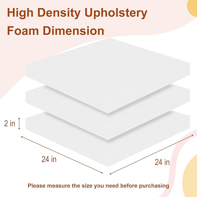 High Density Upholstery Foam 2" X 24" X 24", 3PCS Couch Cushion Replacement - 45D Density 70 ILD (Firm), Square Foam Padding for Chairs, Cut to Size Foam Replacement Cushion for Sofa Chair Bench