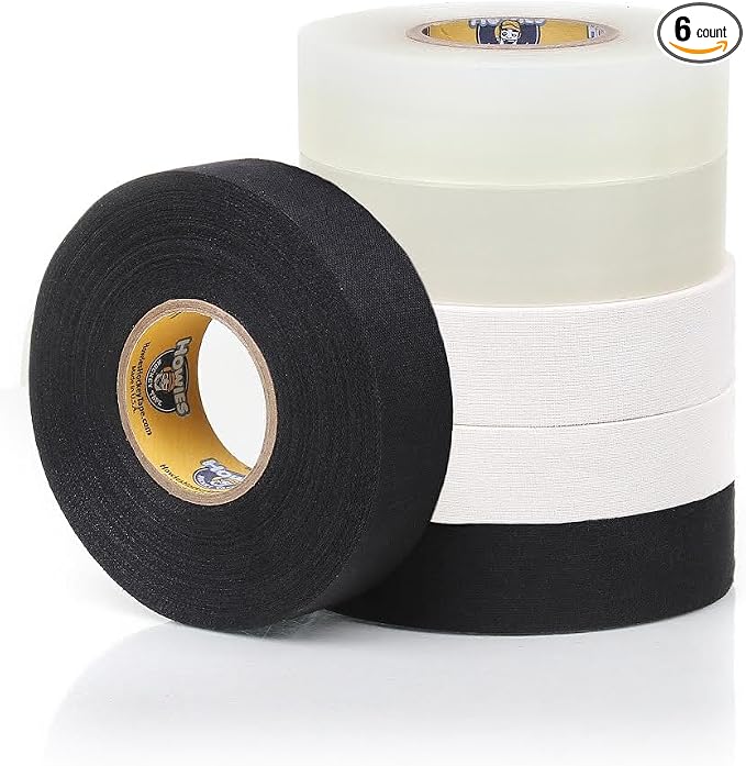 Howies Hockey Tape | 6-Pack Combos of Cloth Stick Tape (White/Black) & Shin Pad Tape (Clear) | Pro Grip & Durability | Made in USA