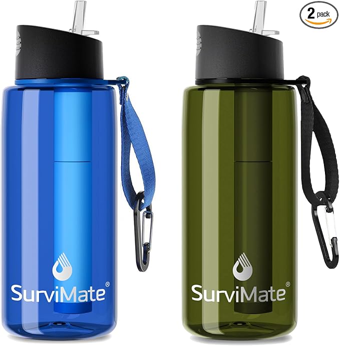 SurviMate Purified Water Bottle for Camping, Hiking, Backpacking and Travel, BPA Free with 5-Stage Intergrated Filter Straw