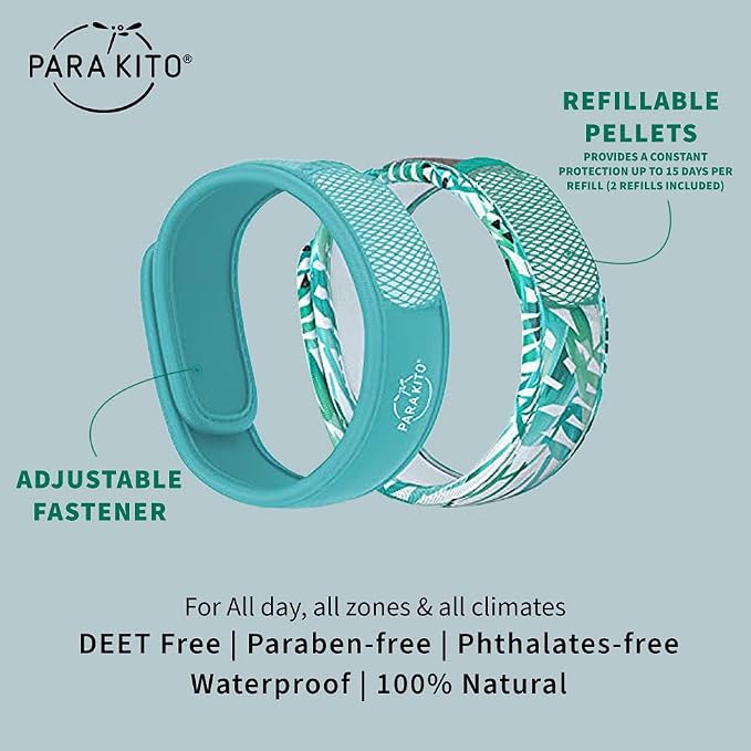 PARA'KITO Mosquito Repellent Bonus Pack - 2 Wristbands | 2 Refills (Turquoise + Foliage)