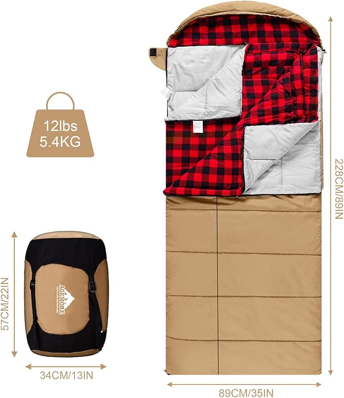 0 Degree Canvas Sleeping Bag for Adults, Cotton Flannel Sleeping Bag for Winter Camping, Fishing, Hunting or Traveling, Durable Cotton Canvas Shell and Removable Flannel Liner