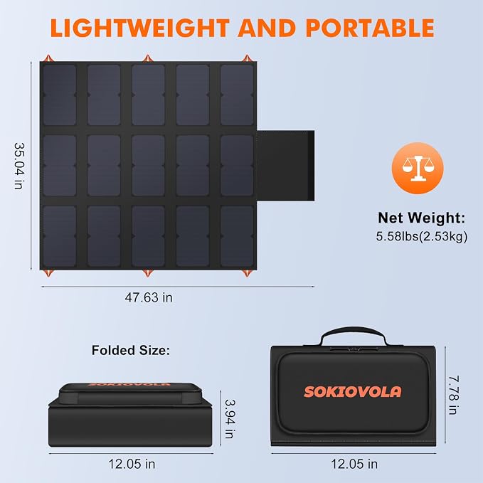 SOKIOVOLA 100W Portable Foldable Solar Panel 20V Portable Solar Charger with QC3.0 USB-A & Type-C Output IP68 Waterproof for Cell Phones Camera Outdoor Camping RV Hiking Travel Small Power Station