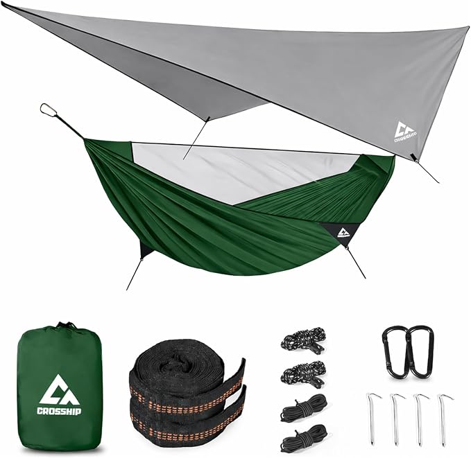 Camping Hammock with Mosquito Net and RainFly Tarp - 2 Person Hammock, Portable Parachute Nylon Hammock for Outdoor, Hiking, Backpacking, Backyard, Travel (Up to 500lbs) - Forest Green