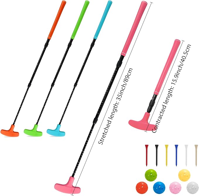 Golf Putting Green Training Set, 4 Pack Multicolor Adjustable Putters with Automatic Ball Return and 6 Practice Balls, Indoor Outdoor Putting Practice Kit for Home Office, Right/Left Handed