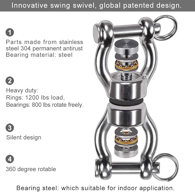 SELEWARE Silent Bearing Swing Swivel, 360° Rotational Device Hanging Accessory with Removeable Buckle for Tree Swing, Hammock Chair, Climbing Rope, Yoga, Kids Swing Swivel 1201LB Capacity
