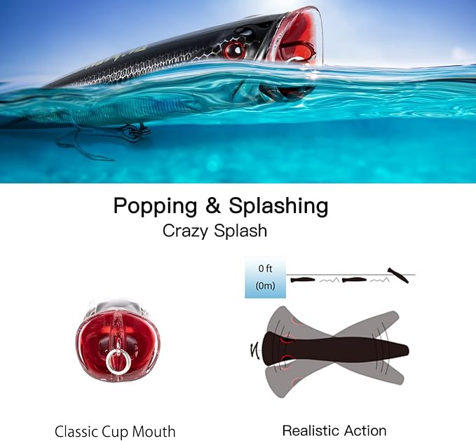 Dr.Fish Popper Saltwater Fishing Lures, 4/5.5 Inches GT Popper VMC Treble Hooks Surf Fishing Lures for Bass Striper Pike Salmon Offshore