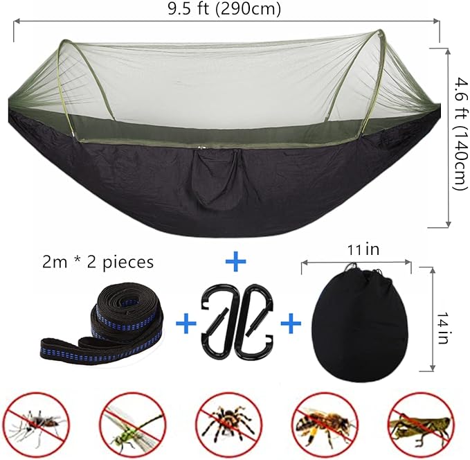 LFL Portable Camping Hammock with Mosquito Net, 1 or 2 Person Outdoor Swing Hammock, Nylon Parachute Material, Quick Opening Outside Hammock with Net, Hiking Travel Courtyard (Black)
