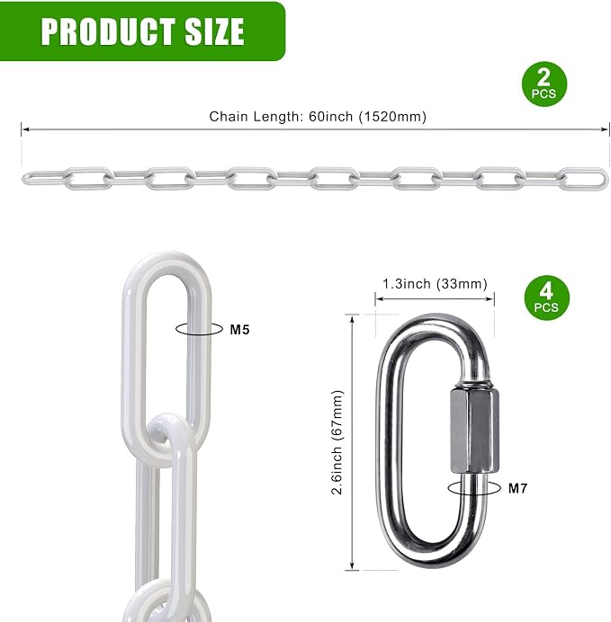SELEWARE 2 Pack 60 Inch Hanging Swing Chain with 4 Carabiners, 1000LB Capacity Plastic Coated Hanging Chains, Hammock Hardware Kit for Swing, Hanging Chair, Punching Bags, Indoor Outdoor Gym (White)