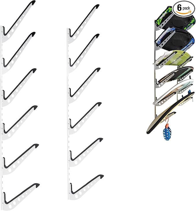 6 Board Surf Rack Wall Mount for Surfboard, Wakeboard, Snowboard Storage Adjustable Wall Hangers Boards Display