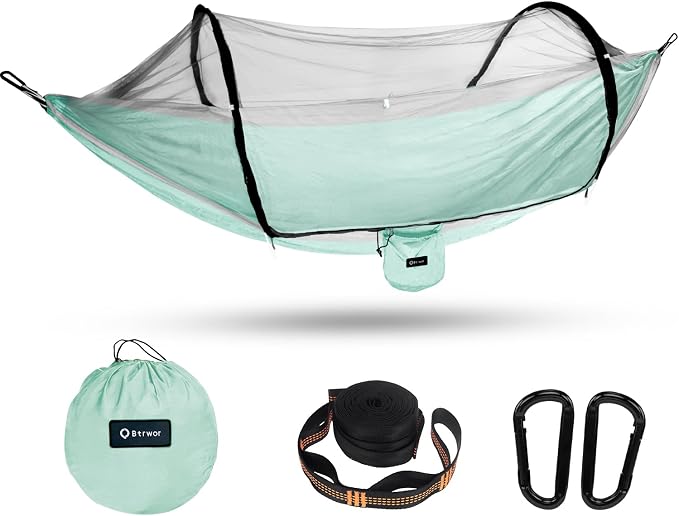 Hammock with Mosquito Net - Lightweight, Portable, 1 Person Hammock - for Camping, Hiking, Backpacking, Travel, a Festival, or The Beach (Cyan)