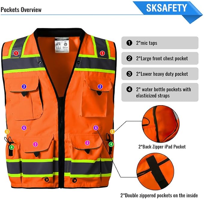 SKSAFETY 10/12 Pockets Safety Vest - Class 2 High Visibility Security with Zipper Double-sided mesh, Hi Vis Vest with Reflective Strips, ANSI/ISEA Standard, Construction Work Vest （Orange）