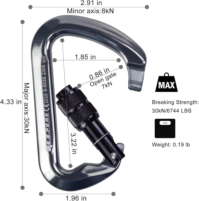 SEPEAK UIAA 30kN Locking Climbing Carabiner, Professional Heavy Duty Screwgate Clip for Outdoor Climbing, Mountaineering, Rappelling, Camping, Hiking, Swing,Large D Carabiner Hook/6744lb