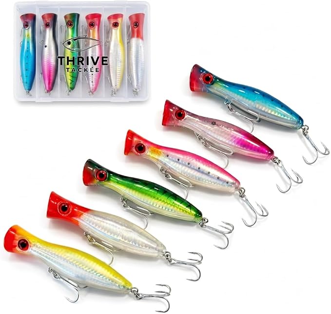 6-Piece Large Topwater Popper Fishing Lures with Tackle Box | 5-inch surface poppers, 1.45 oz (41 g) each, Freshwater and saltwater surf casting, Rattling Surface Poppers