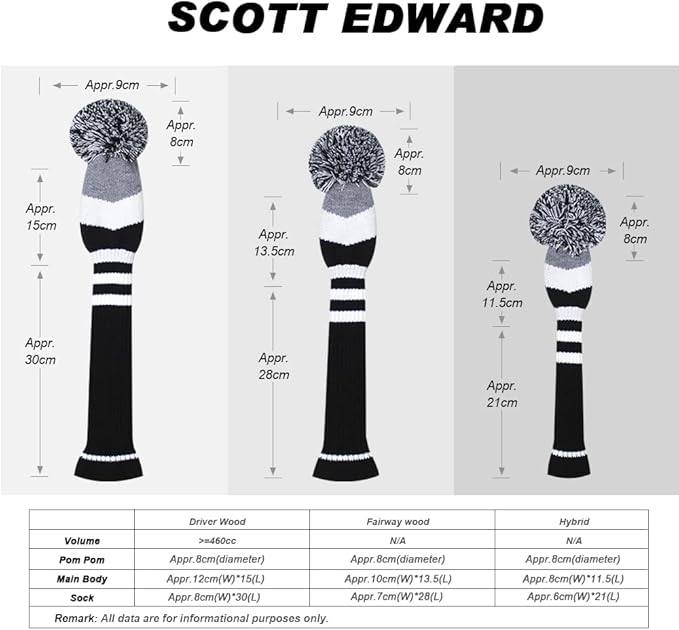 Scott Edward Knit Golf Club Cover with a Pom Set of 5 Head Covers Protect Driver Wood(460cc) 1 Fairway Wood2 and Hybrid/UT2 with Rotating Club Number Tags