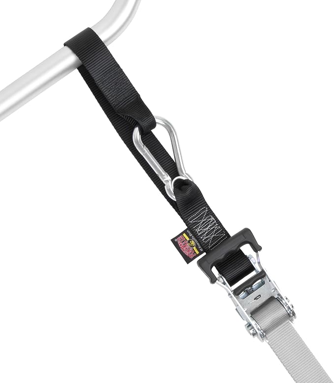 PowerTye 1.5 inch x 10ft Extra Long Ratchet Tie Down Straps, Heavy Duty with Carabiner Hooks, Soft-Tye & Bag, for Motorcycle, ATV & Cargo - 1,000 lb WLL - Made in USA - Silver/Black Pair
