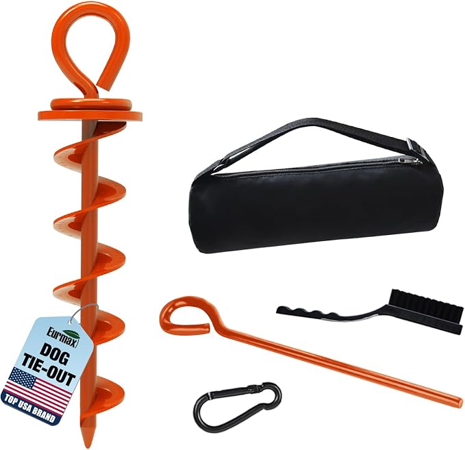 Eurmax USA Heavy Duty Dog Tie Out Stake, No-Tangle In Ground Anchor Runner for Large Dogs up to 210 Lbs - Perfect for Yard, Beach and Camping (Medium,Orange)