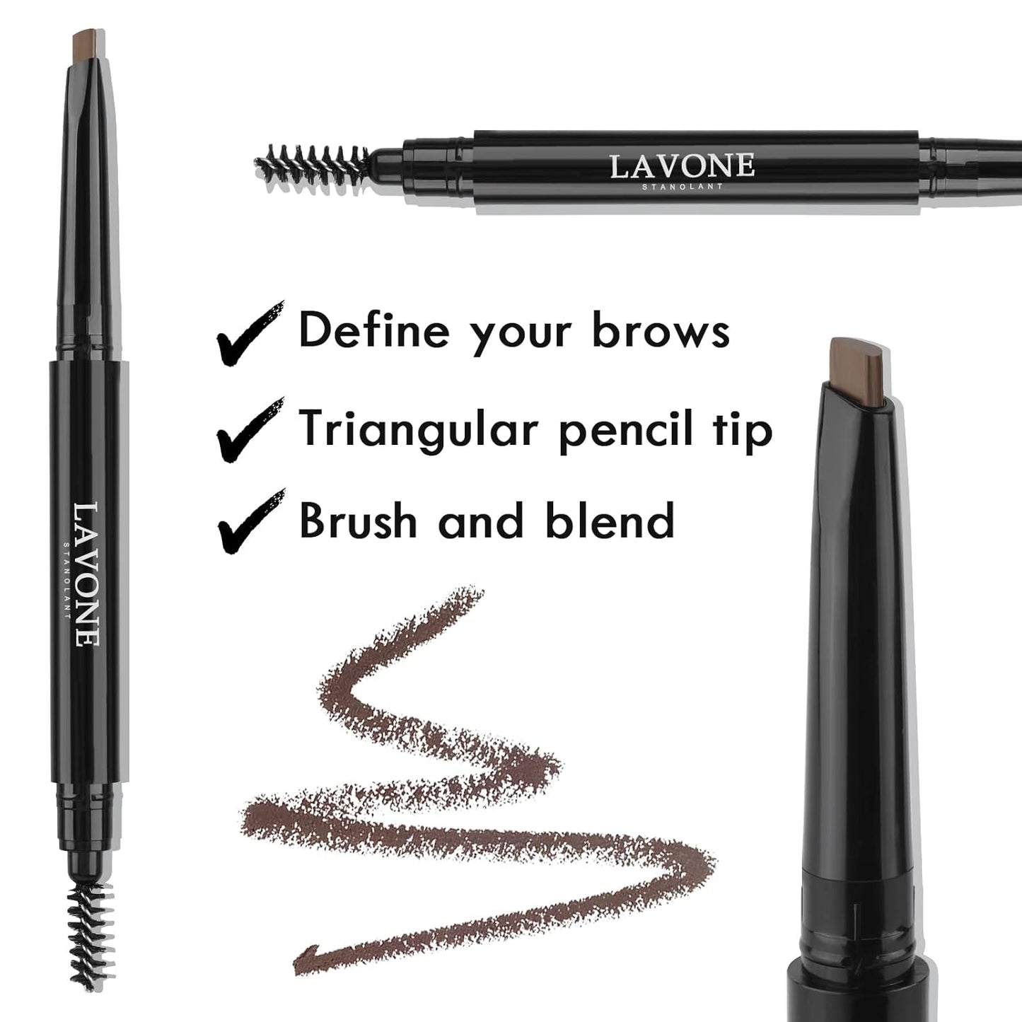 LAVONE Eyebrow Stamp Stencil Kit - Brow Stamp Trio with Waterproof Pencil, Pomade, 20 Stencils, Dual-ended Brush and Sponge Applicator - Dark Black