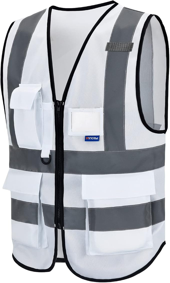 A-SAFETY 6XL-8XL,Hi Reflective Safety Vest,Hi Vis Bright Neon Colors Safety Vest with 4 Reflective Strips 7 Pockets(White)