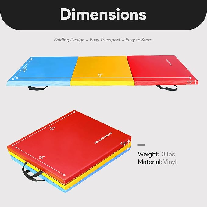 BalanceFrom 6x2 Feet 3-Panel Folding Gymnastics Mat – 1.5-Inch Thick Pad with Vinyl Surface and Carrying Handles for Tumbling, Yoga, Pilates, Home Workouts, and Martial Arts