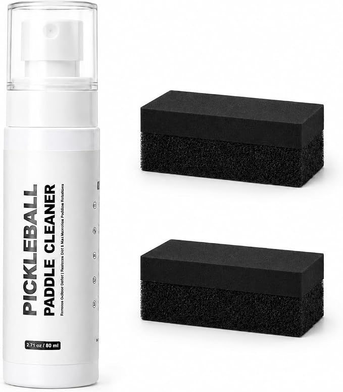 Pickleball Paddle Cleaner Spray Kit, 2.71 oz Cleaning Solution with 2 No-Shed Sponge Pads, Removes Ball Marks, Dirt & Grip Buildup for Carbon Fiber, Fiberglass & Composite Paddles