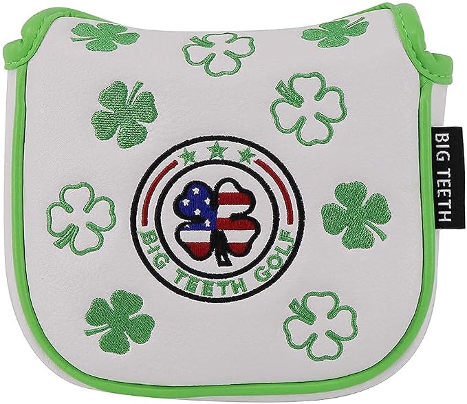 Big Teeth Golf Cover Lucky Clover Headcover Covers, Driver Fairway Wood Hybrid Headcovers Fits Blade Mallet Putter Iron and Woods with Magnetic White Shamrock Head Club Protector Leather